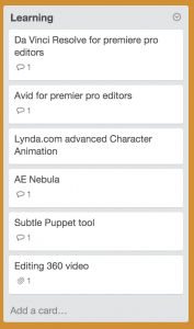 sample of how to use trello for learning and upskilling in video editing and motion graphics